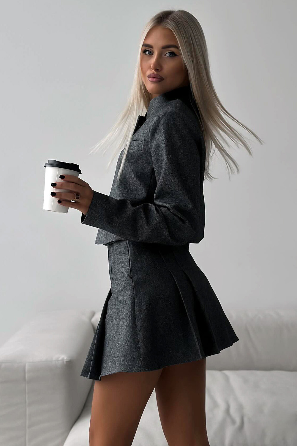 Stand Collar Front Slit Crop Blazer A-Line Pleated Mini Skirt 2pcs Set-Gray