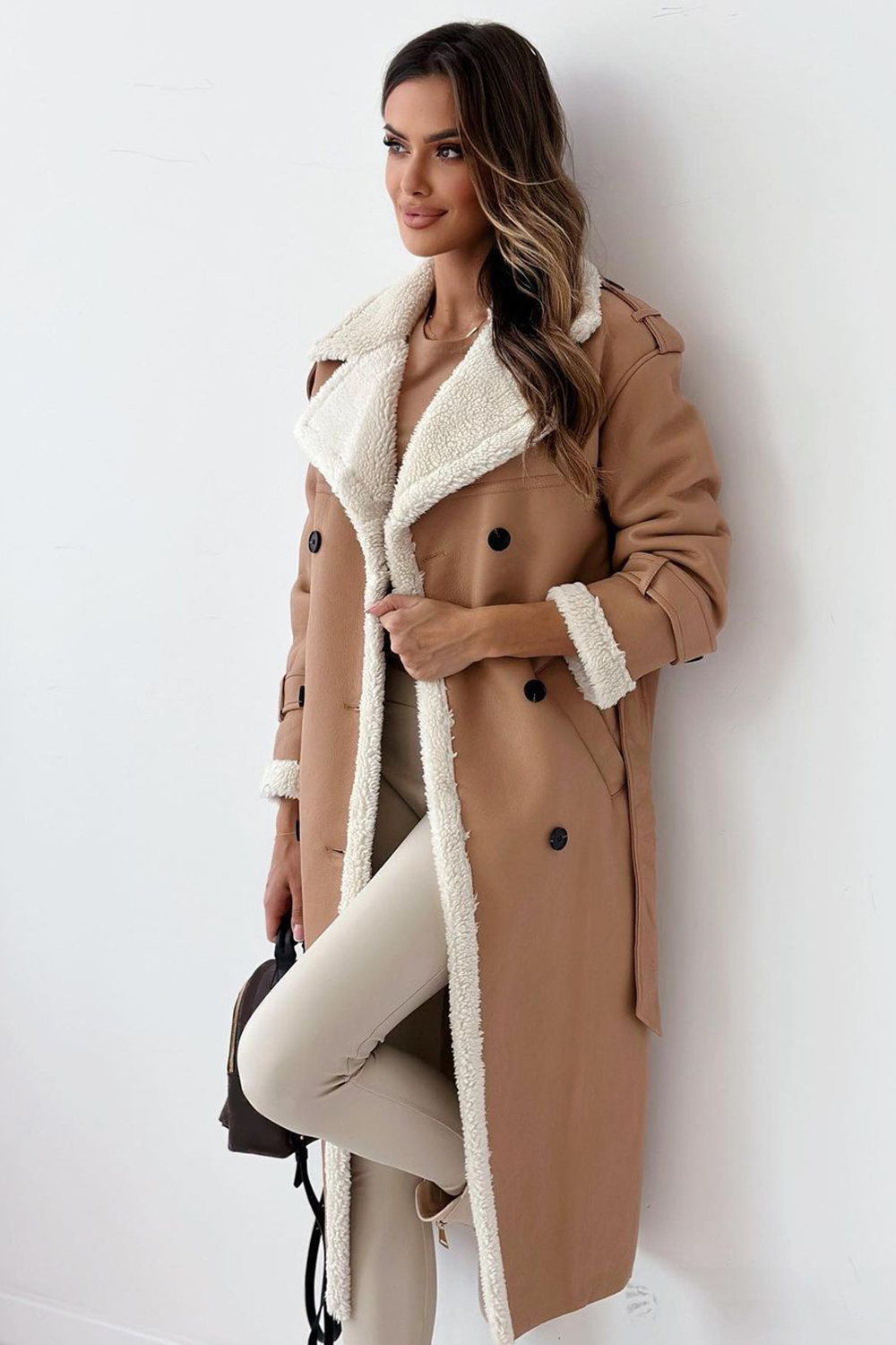 Fuzzy Lined Notch Collar Double-Breasted Faux Leather Overcoat-Brown