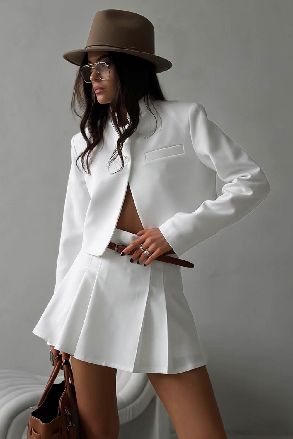 Stand Collar Front Slit Crop Blazer A-Line Pleated Mini Skirt 2pcs Set-Gray