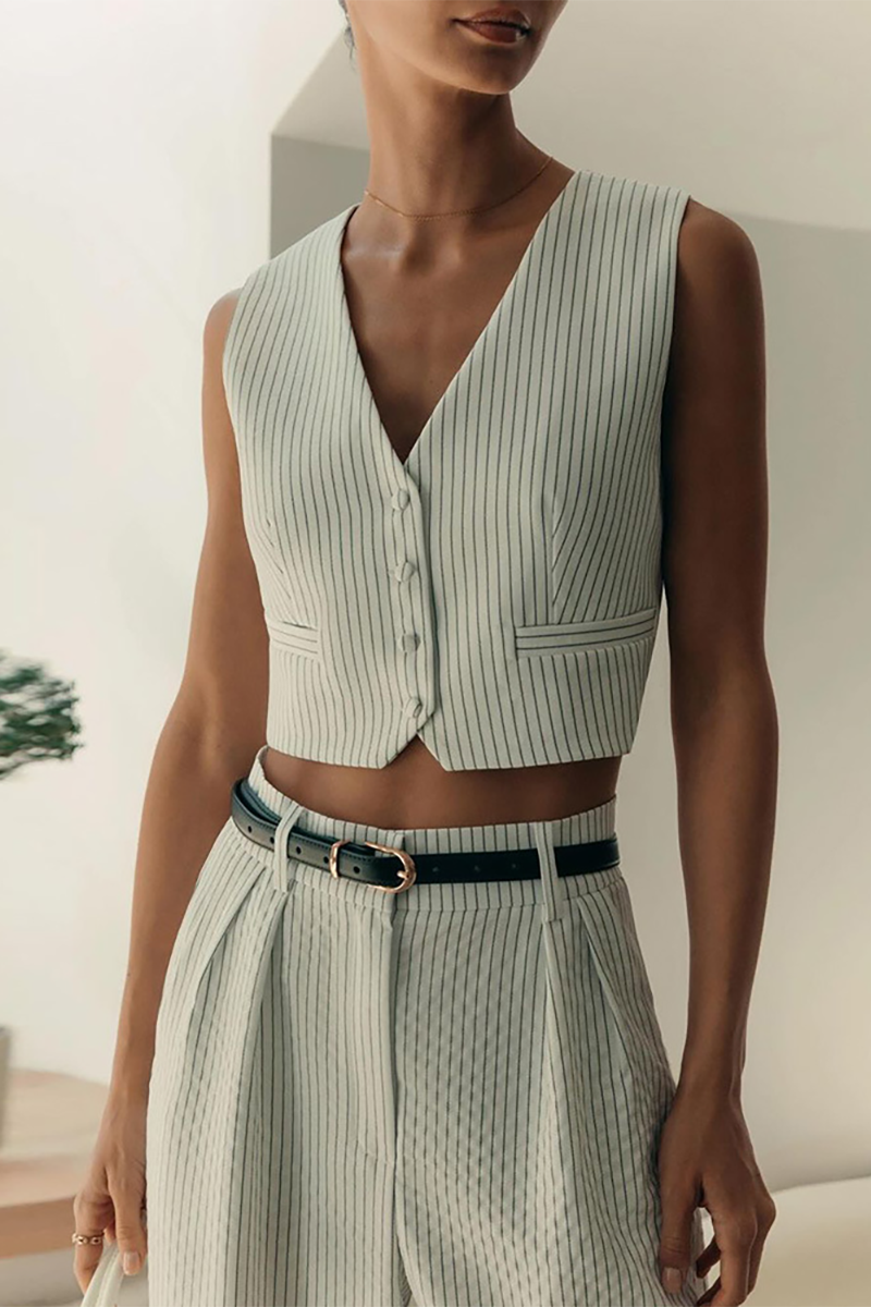 Striped Print V Neck Crop Waistcoat Wide Leg Pants Matching Set-White