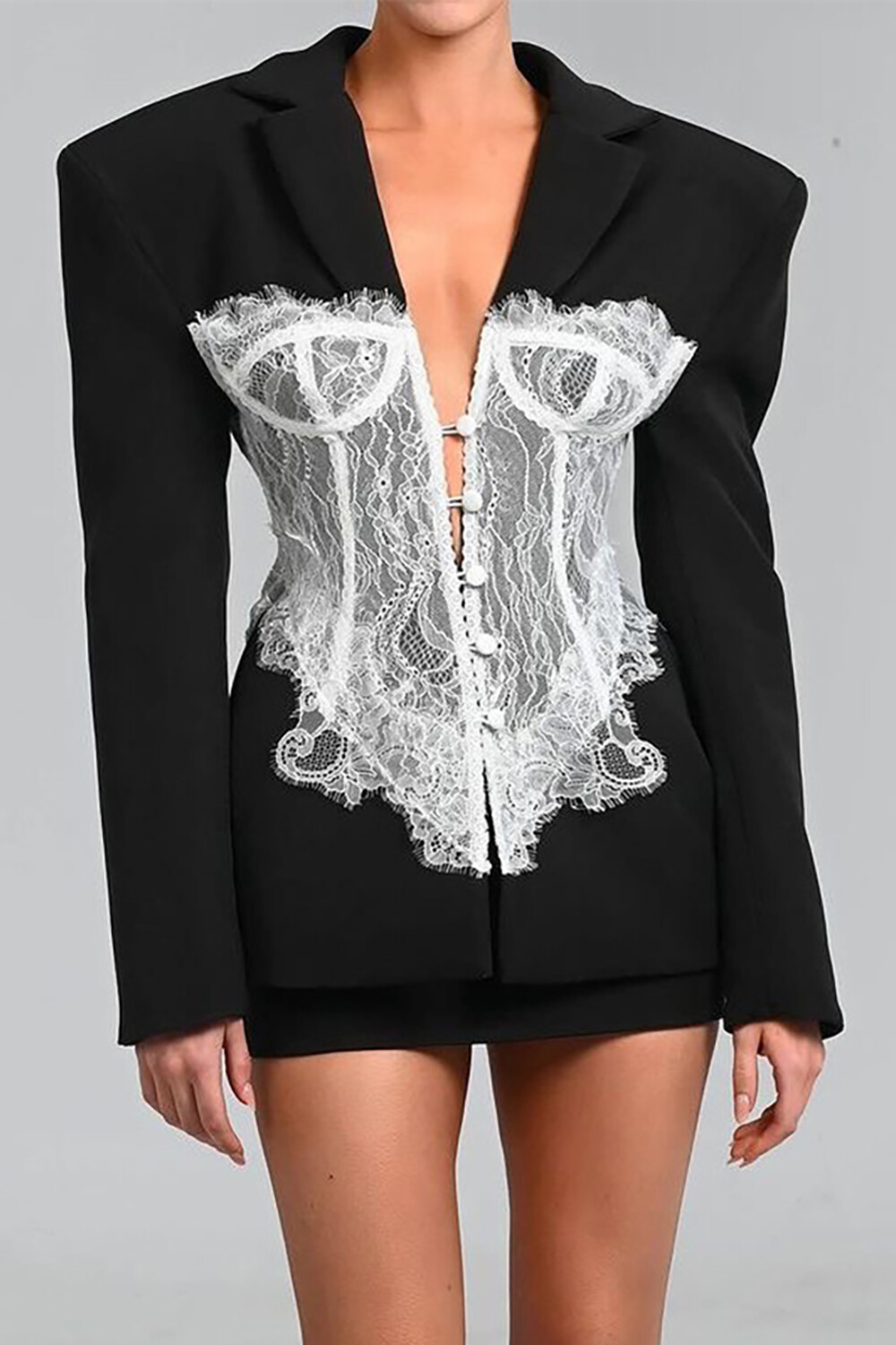 Lace Patchwork Corset Design Deep V Neck Blazer Mini Dresses-Black