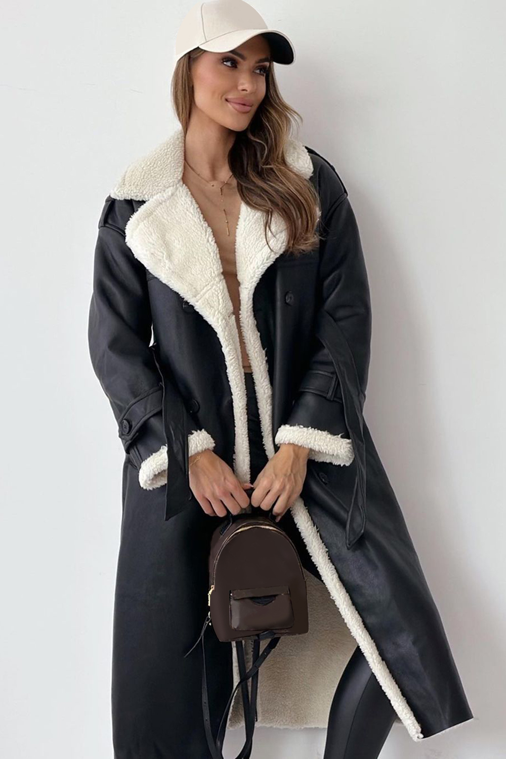 Fuzzy Lined Notch Collar Double-Breasted Faux Leather Overcoat-Brown