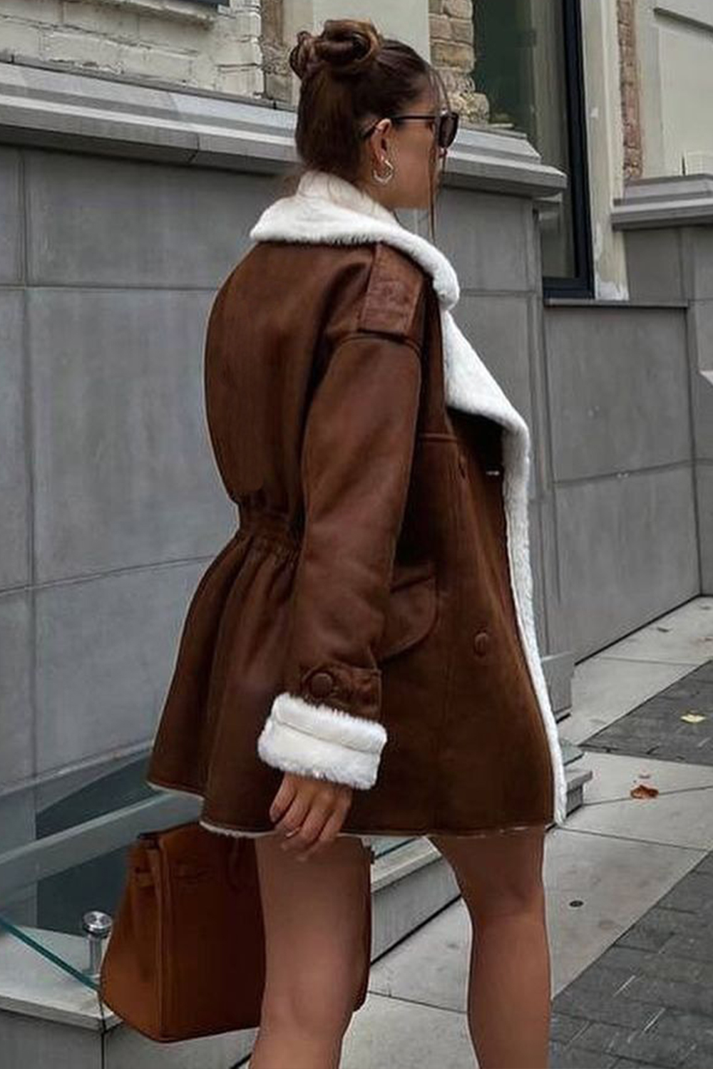 Fuzzy Lined Notch Collar Long Sleeve Suede Leather Jacket-Brown