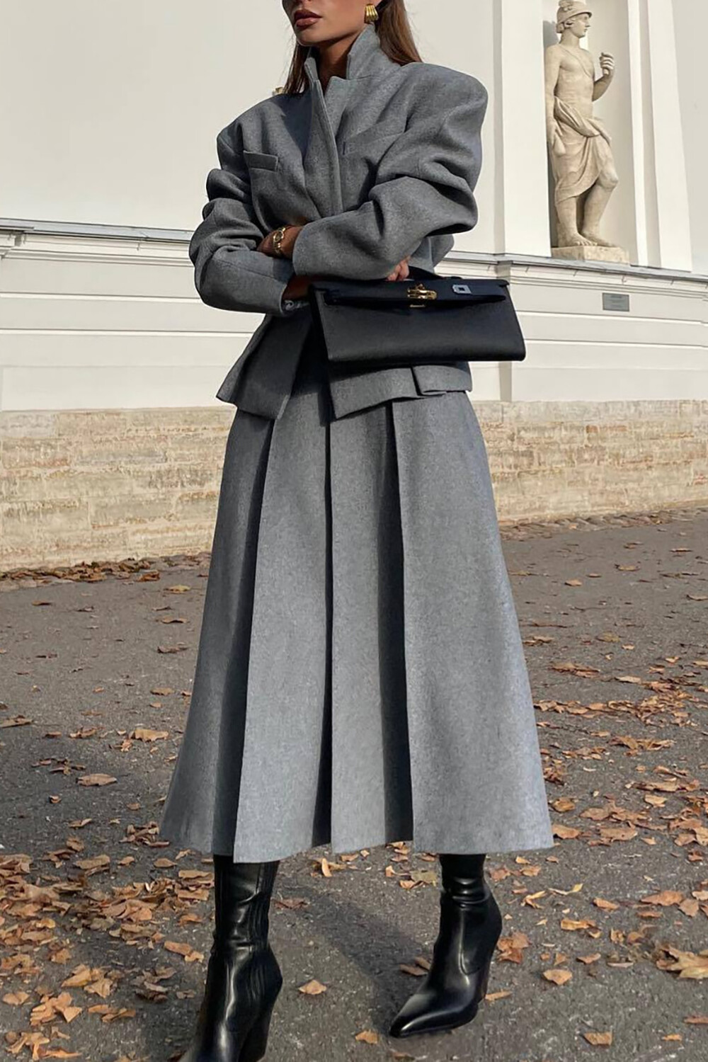 Cinch Waist Blazer Solid Color A-Line Midi Skirt Matching Set-Grey