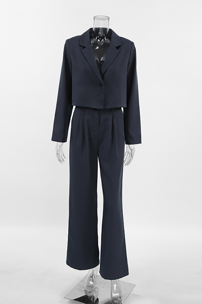 Notch Lapel Crop Blazer Wide Leg Pants Matching Set-DarkGray