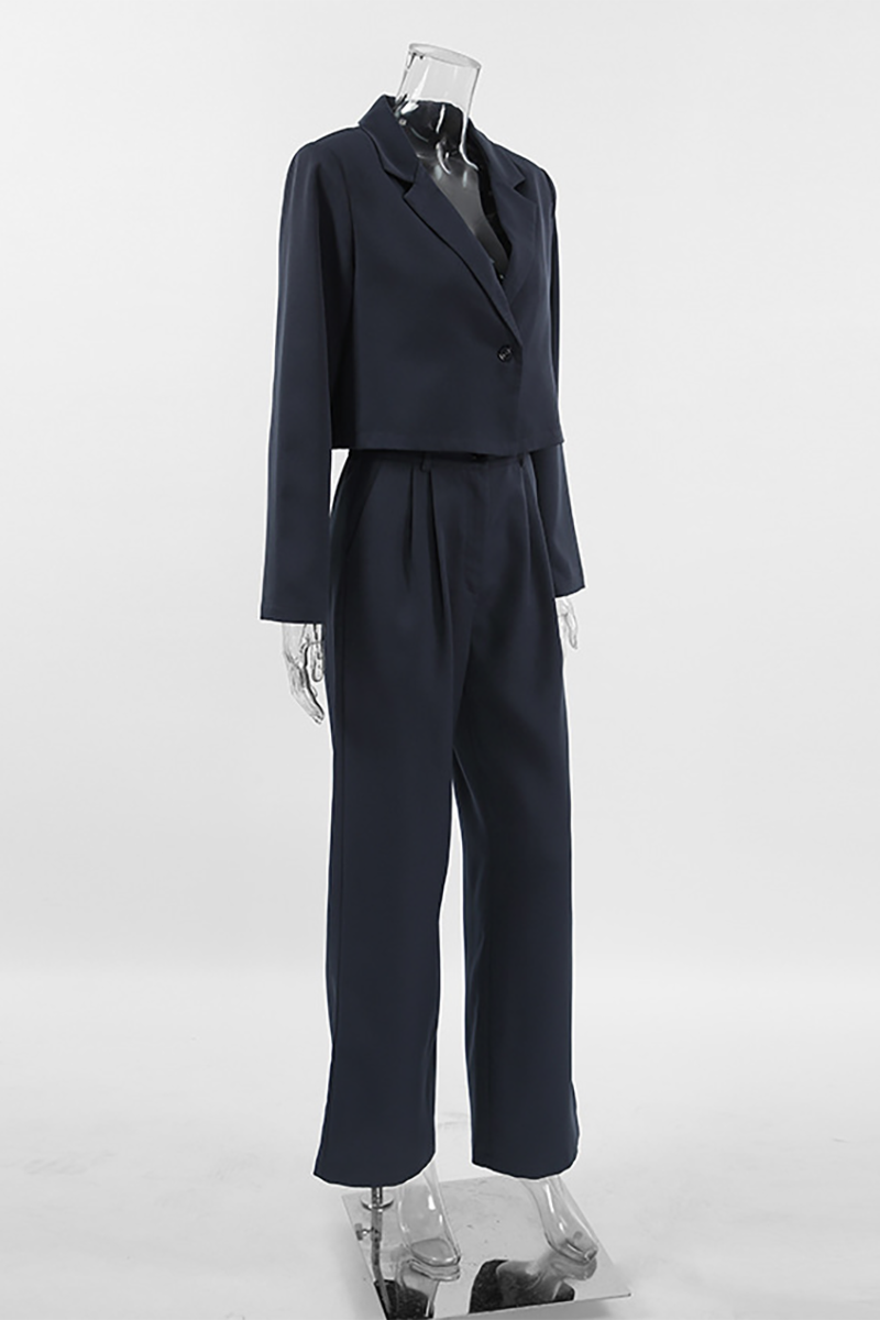 Notch Lapel Crop Blazer Wide Leg Pants Matching Set-DarkGray