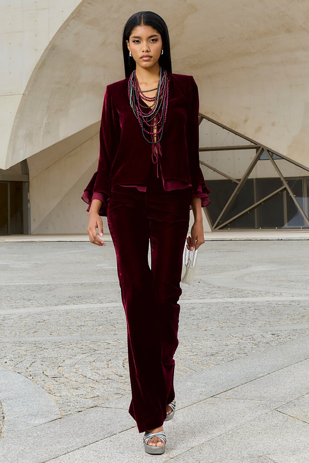 Bell Sleeve Tie Up Blazer Flared Pants Velvet 2pcs Set-Burgundy [Pre Order]