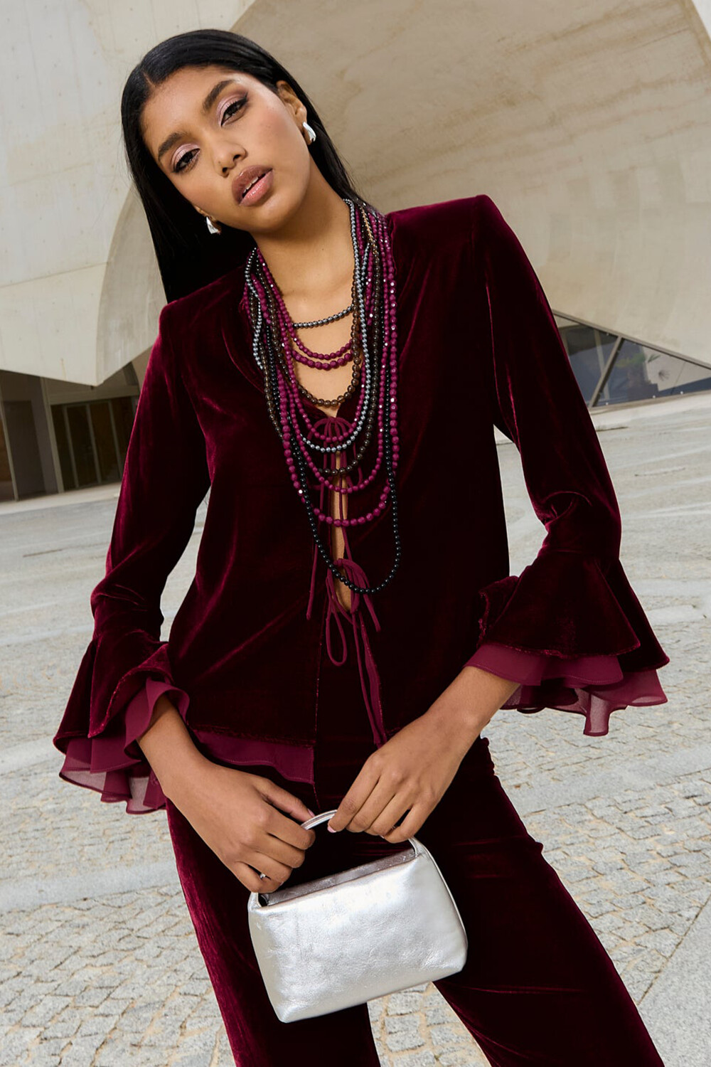 Bell Sleeve Tie Up Blazer Flared Pants Velvet 2pcs Set-Burgundy [Pre Order]