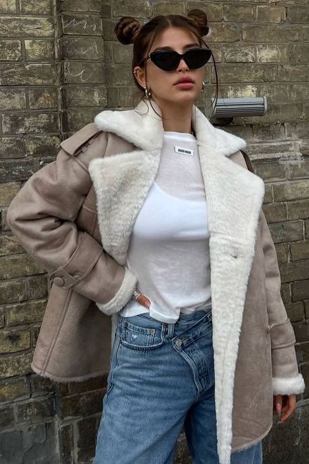 Fuzzy Lined Notch Collar Long Sleeve Suede Leather Jacket-Brown