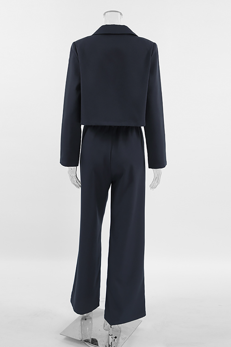 Notch Lapel Crop Blazer Wide Leg Pants Matching Set-DarkGray