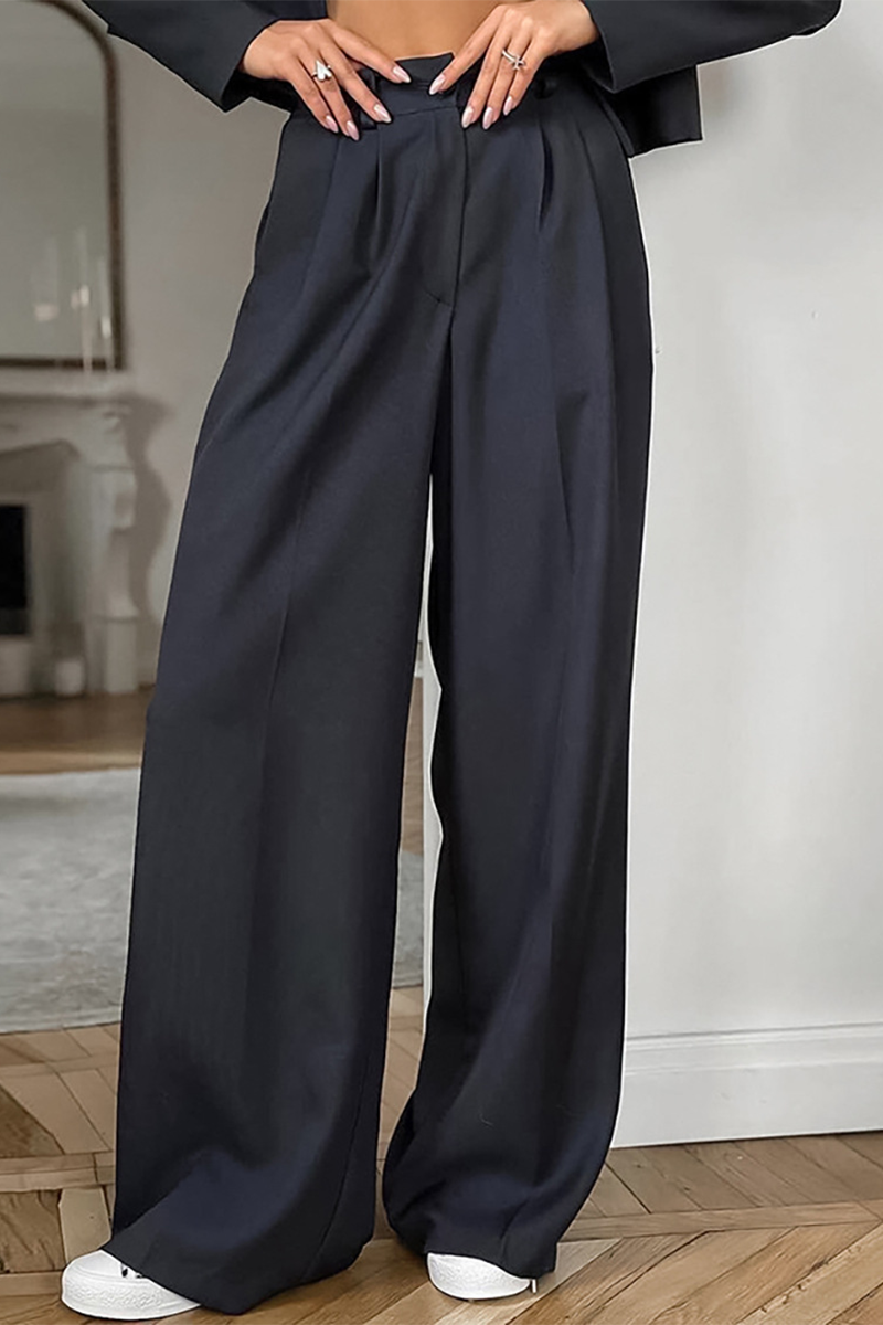 Notch Lapel Crop Blazer Wide Leg Pants Matching Set-DarkGray