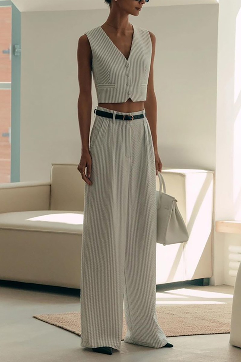 Striped Print V Neck Crop Waistcoat Wide Leg Pants Matching Set-White