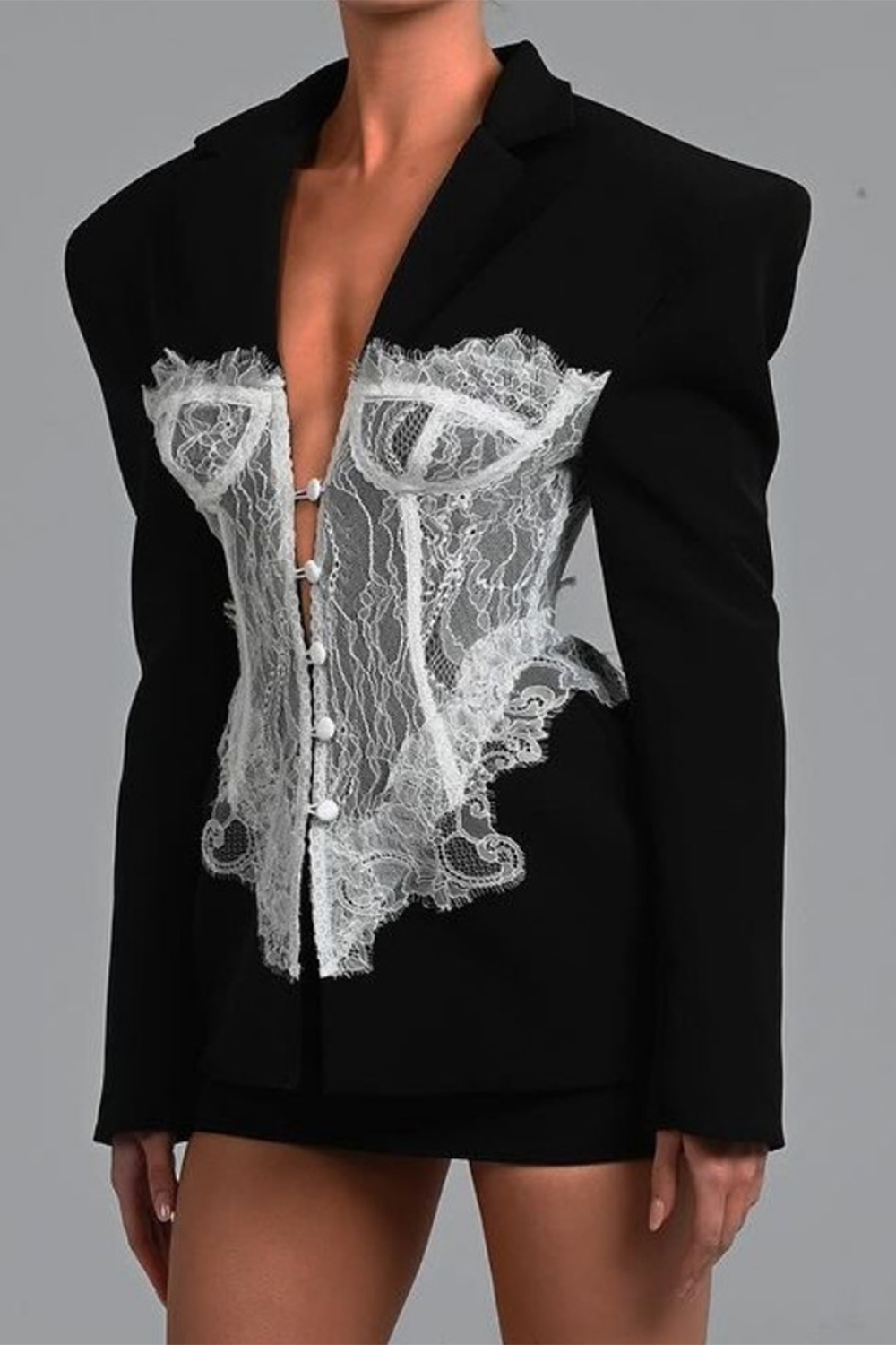 Lace Patchwork Corset Design Deep V Neck Blazer Mini Dresses-Black