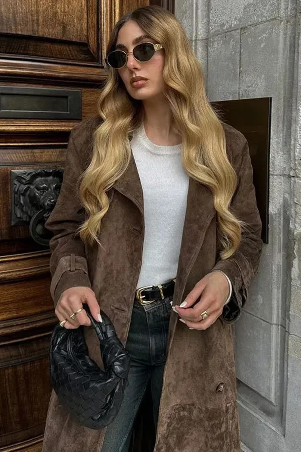 Lapel Collar Long Sleeve Tied Up Double Breasted Trench Coat-Brown