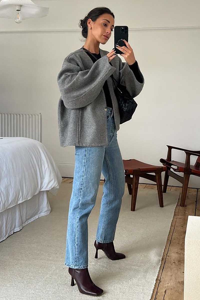 Open Front Long Sleeve Loose Fit Plain Woolen Cardigan-Grey