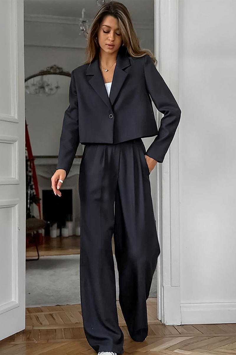 Notch Lapel Crop Blazer Wide Leg Pants Matching Set-DarkGray