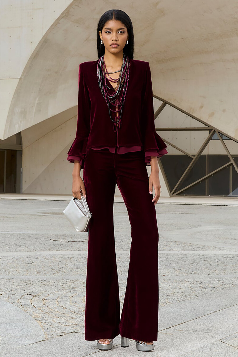 Bell Sleeve Tie Up Blazer Flared Pants Velvet 2pcs Set-Burgundy [Pre Order]