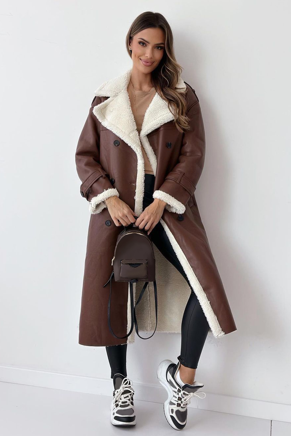 Fuzzy Lined Notch Collar Double-Breasted Faux Leather Overcoat-Brown