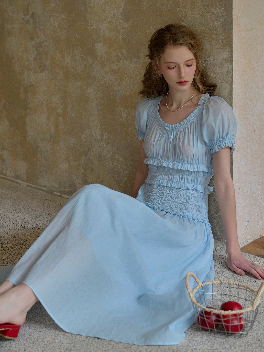 Round Neck Pleated 100% Cotton Dress - Purple