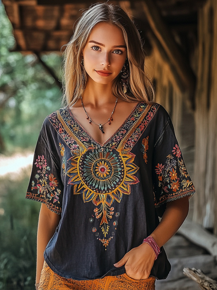 Bohemian Mandala V-neck Short-sleeved Top