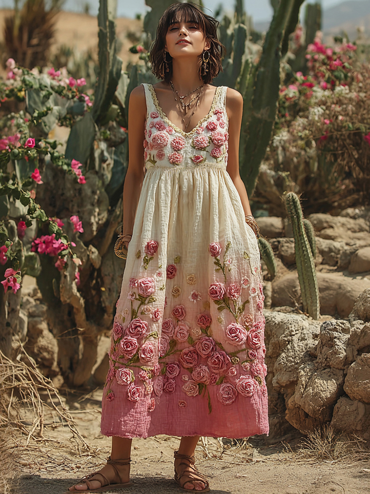 Vintage Pink Flowers Embroidered Linen Maxi Dress