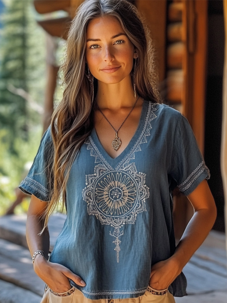 Bohemian V-neck Short-sleeved Top