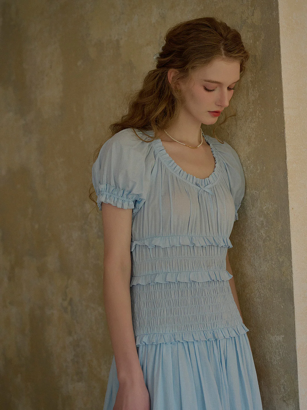 Round Neck Pleated 100% Cotton Dress - Purple