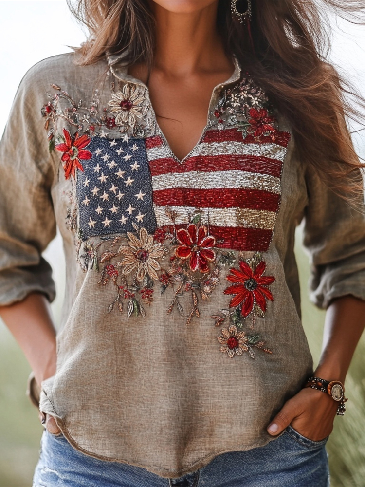Independence Day Flag & Floral Sequin Embroidery Women's Linen V-neck Shirt