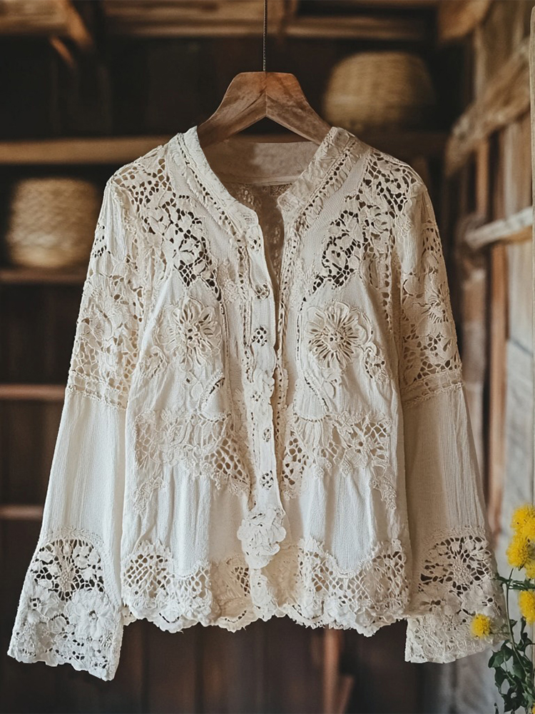 Women's Retro Floral Lace Embroidery Art V-neck Shirt