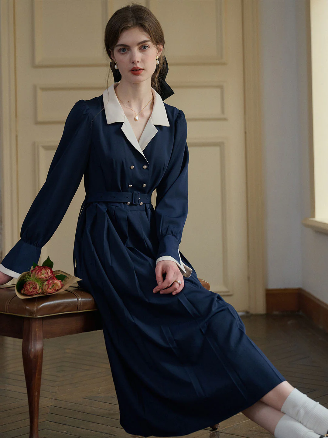 Vintage Double Breasted Colorblock Collar Dress