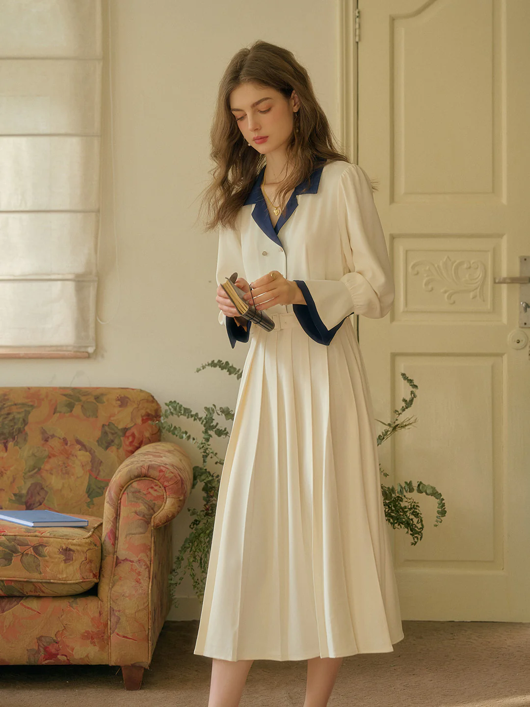 Vintage Double Breasted Colorblock Collar Dress