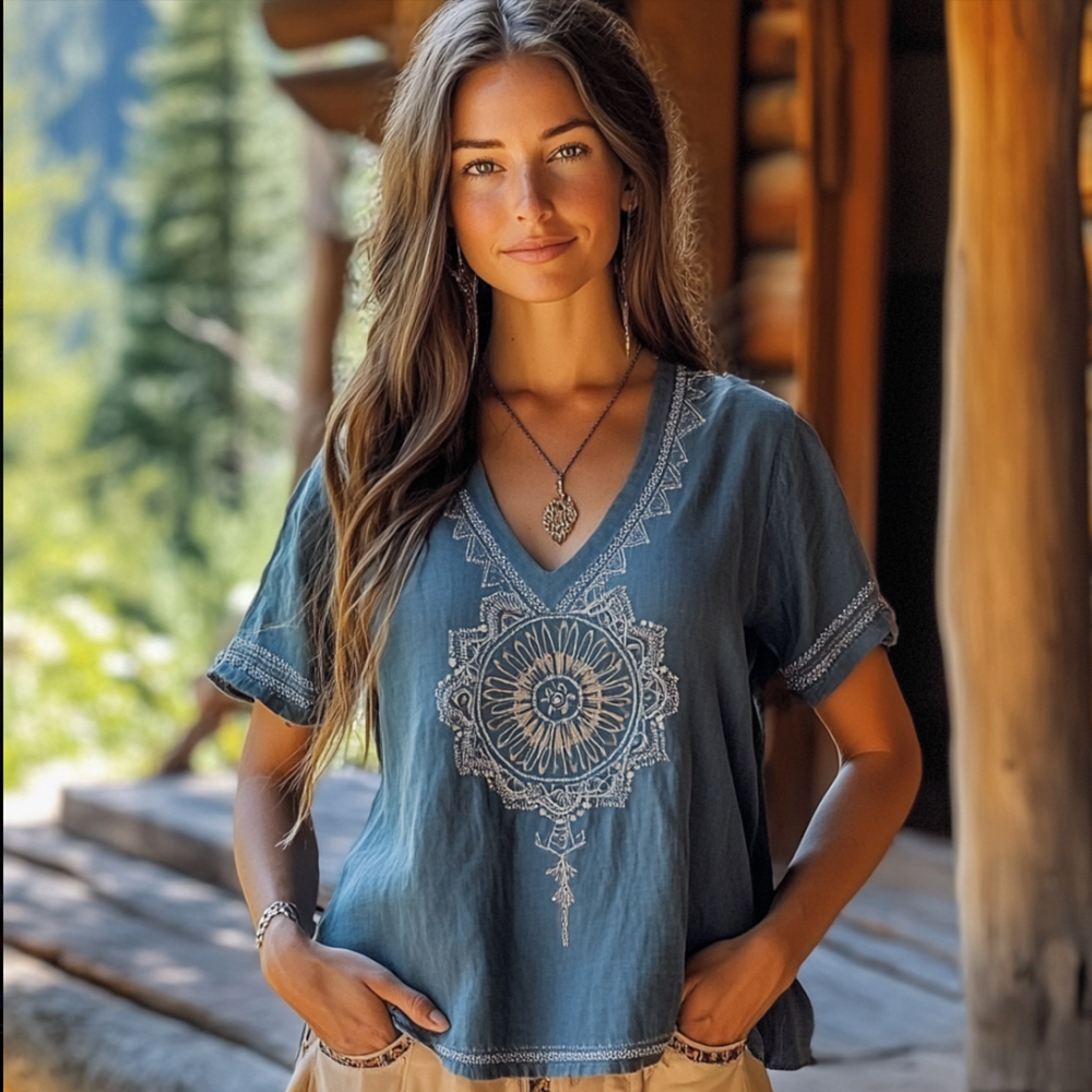 Bohemian V-neck Short-sleeved Top