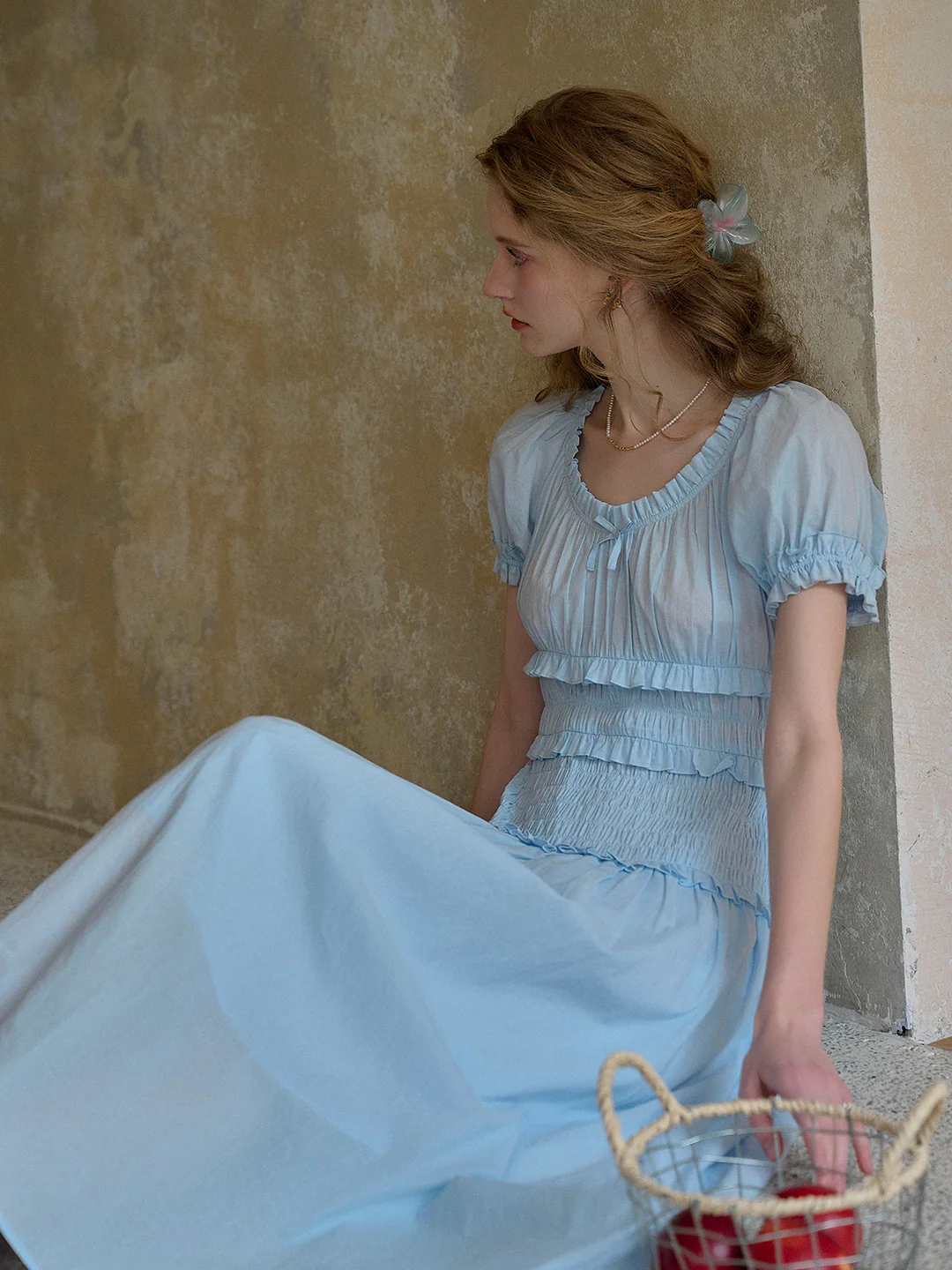 Round Neck Pleated 100% Cotton Dress - Purple