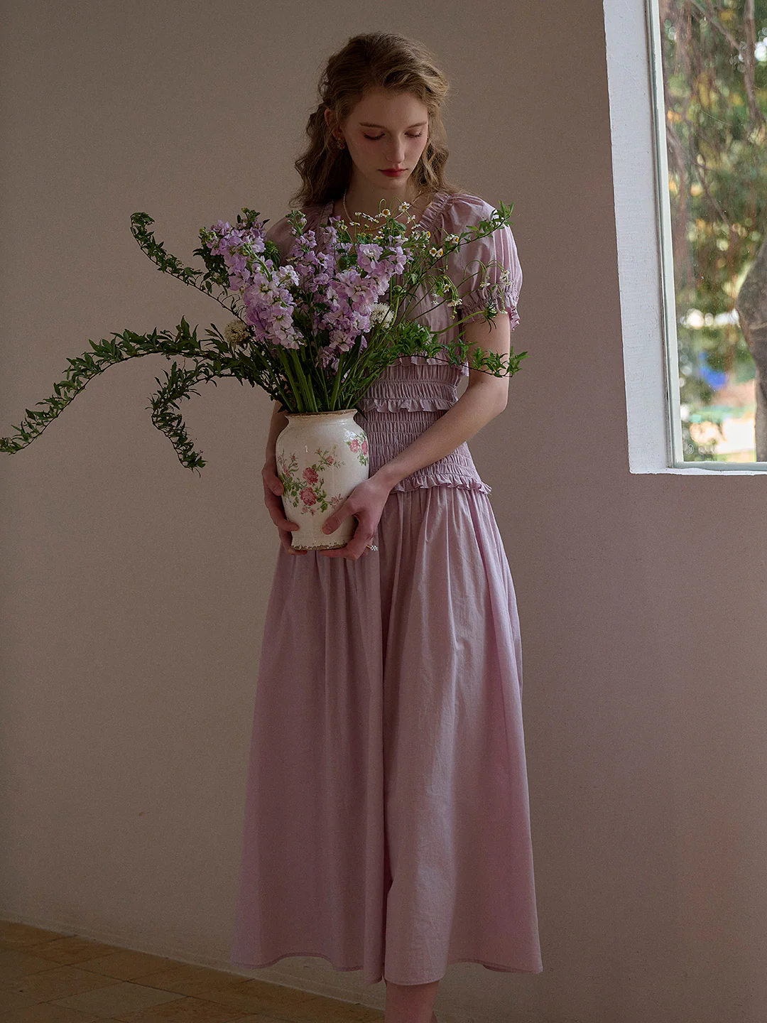 Round Neck Pleated 100% Cotton Dress - Purple