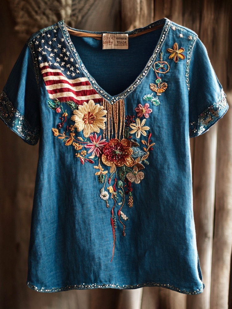 Western Style Flag & Sequin Floral Embroidery Women's Linen V-neck T-shirt