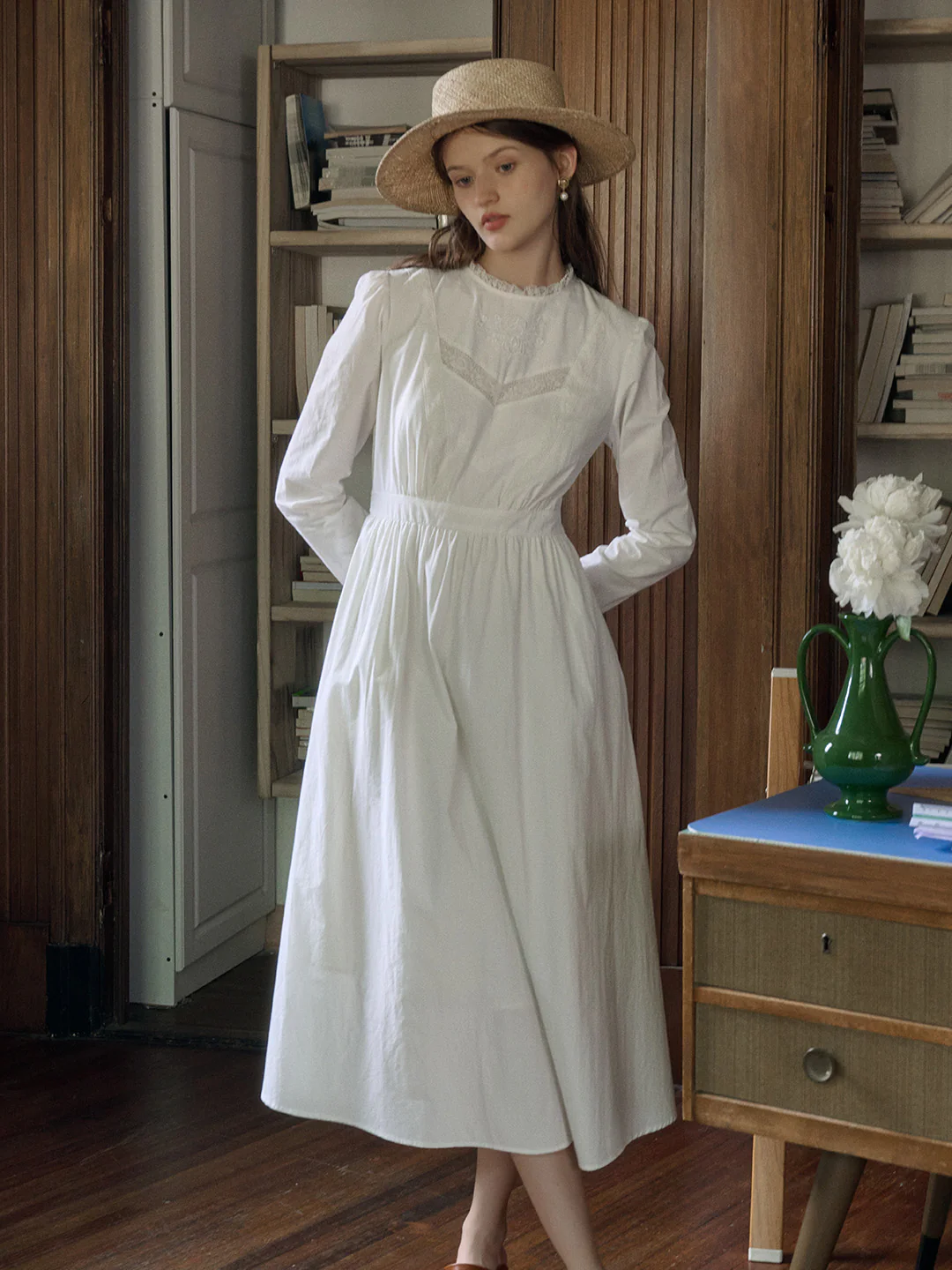 Lace Round Neck Rose Embroidery Hollow Lace Splicing Cotton Dress