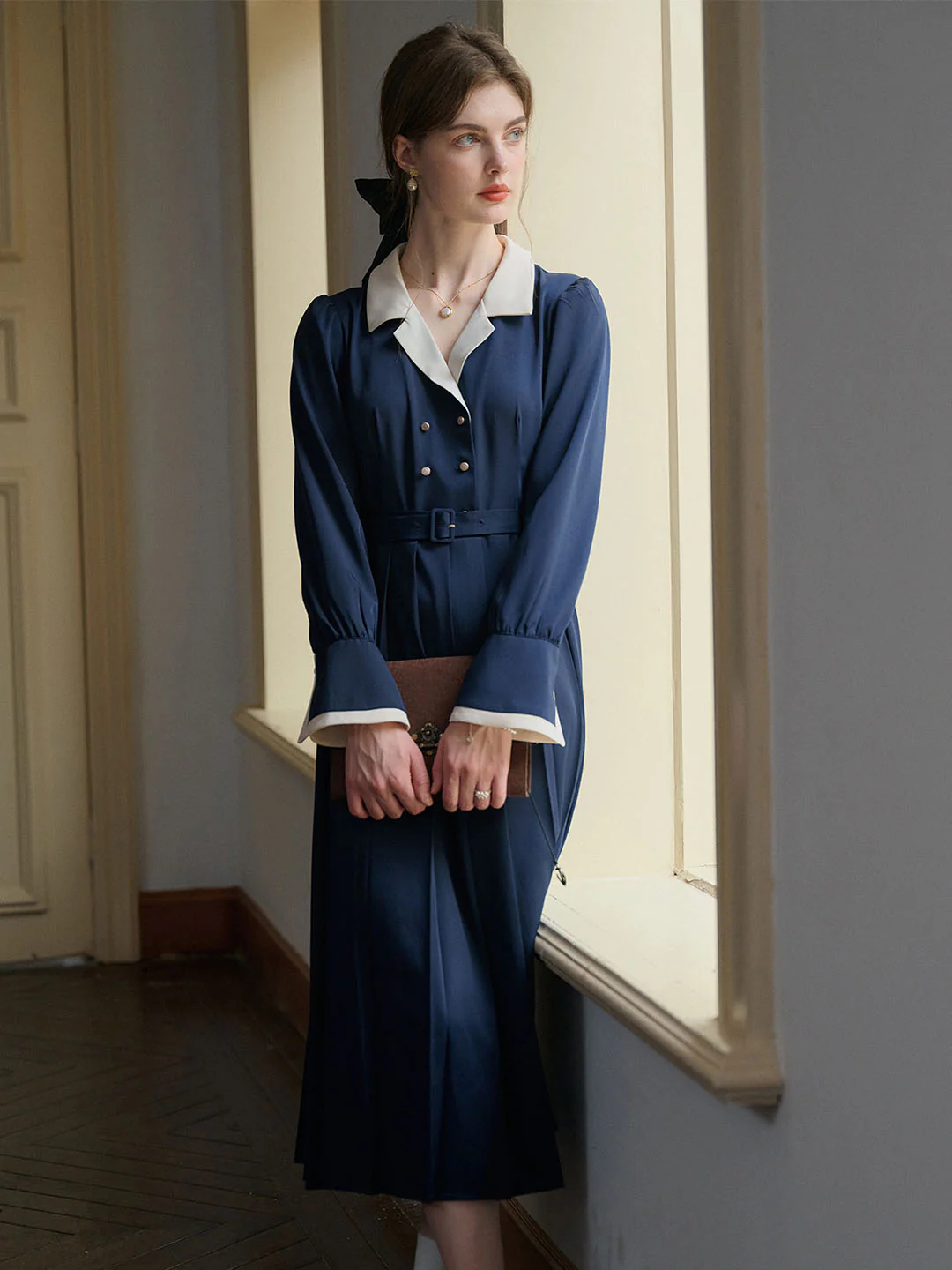 Vintage Double Breasted Colorblock Collar Dress