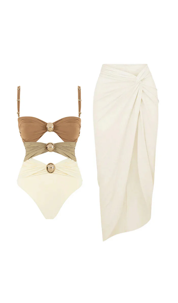 Color Block Cutout One Piece Swimsuit Set