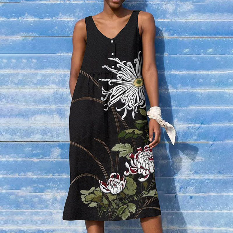 Women's Japanese Chrysanthemum Art V-neck Button Tank Midi Dress