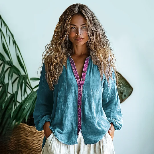Bohemian Style Linen Print  Long Sleeve Shirt