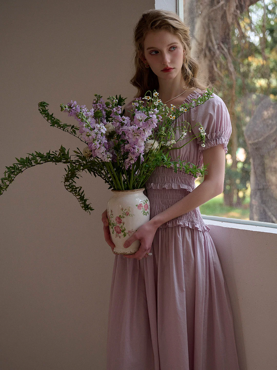 Round Neck Pleated 100% Cotton Dress - Purple