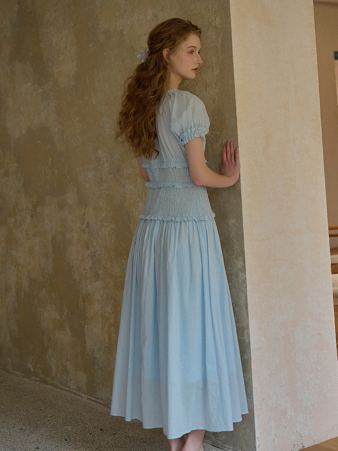 Round Neck Pleated 100% Cotton Dress - Purple