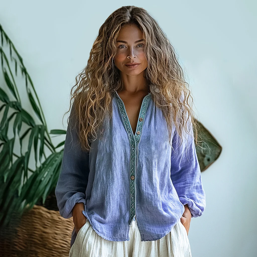 Bohemian Style Linen Print  Long Sleeve Shirt