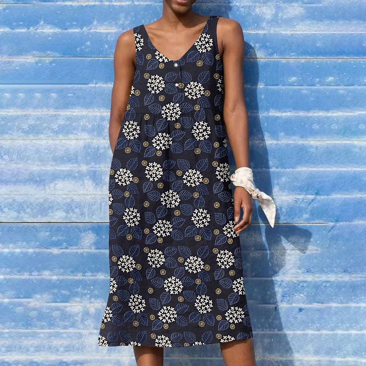 Women's Flower Embroidery Art V-neck Casual Button Tank Midi Dress