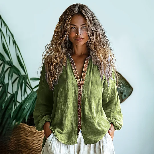 Bohemian Style Linen Print  Long Sleeve Shirt