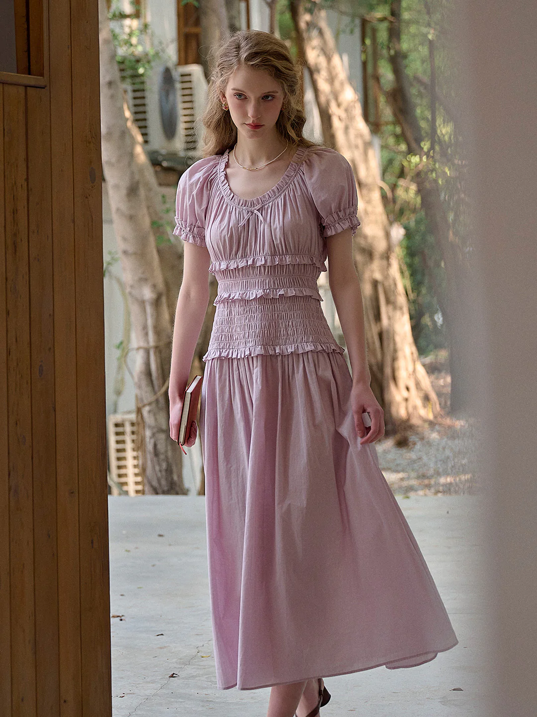 Round Neck Pleated 100% Cotton Dress - Purple