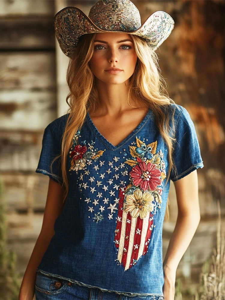 Western Flag Element Sequins Floral Embroidery Women's V-neck T-shirt