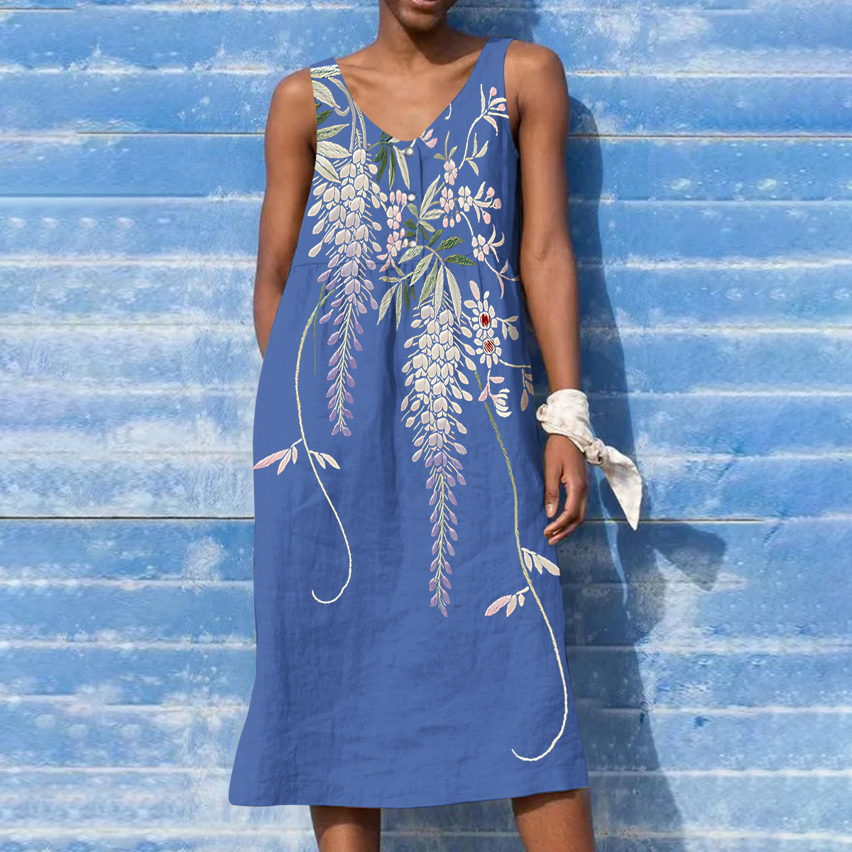 Women's Japanese Flower Embroidery Art V-neck Button Tank Midi Dress