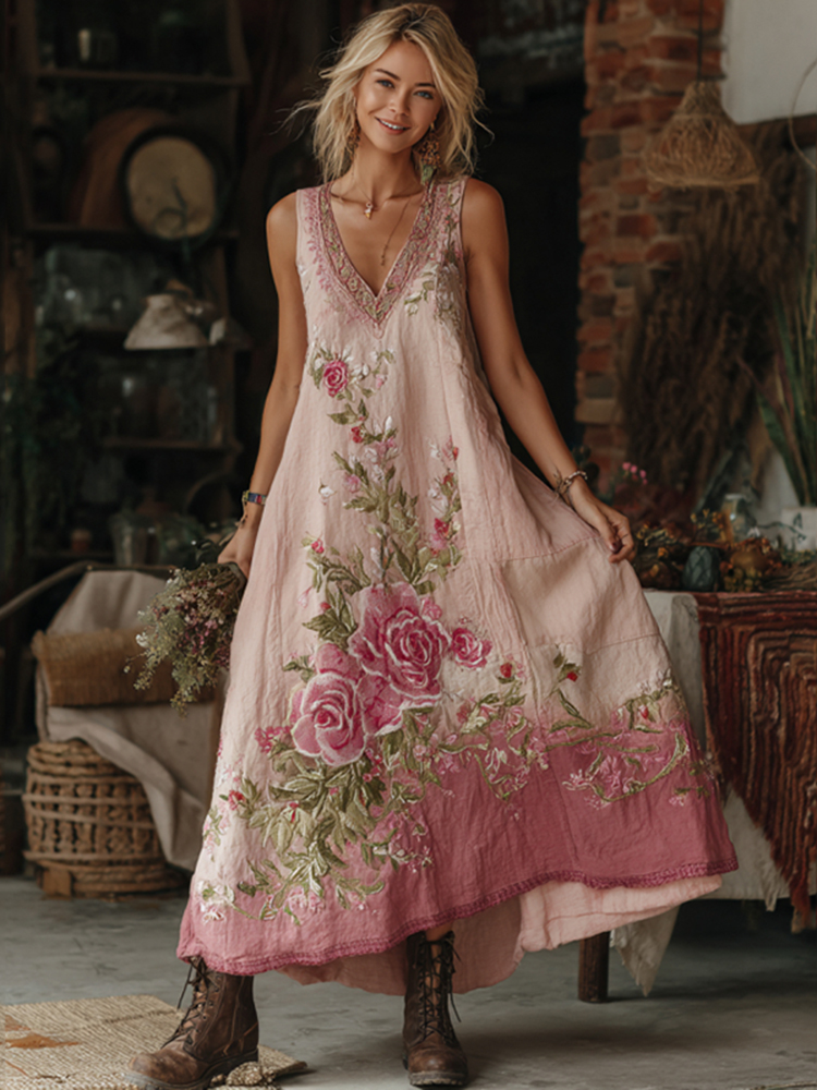 Vintage Classy Gradient Pink Roses Embroidered Linen Maxi Dress
