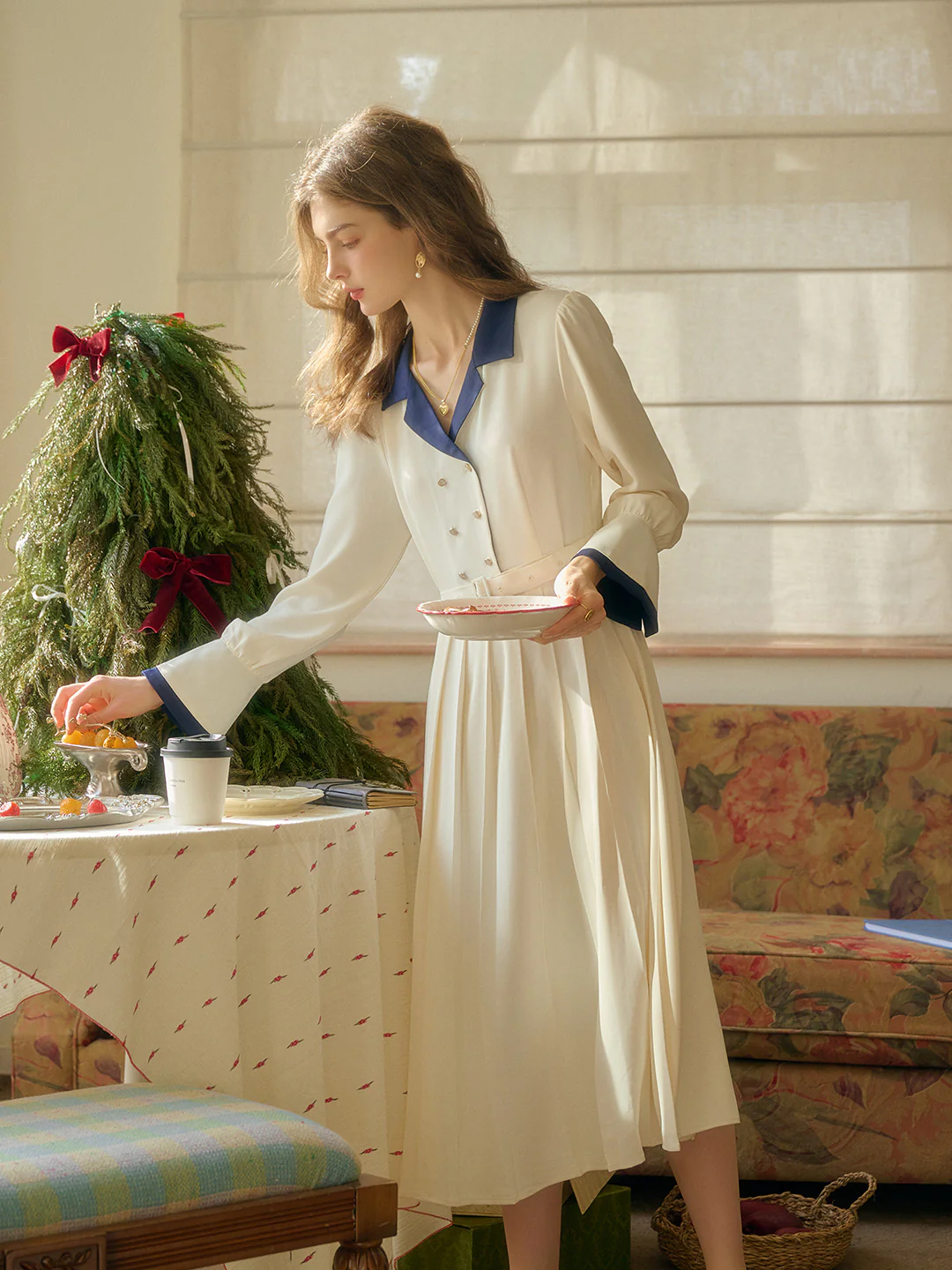 Vintage Double Breasted Colorblock Collar Dress